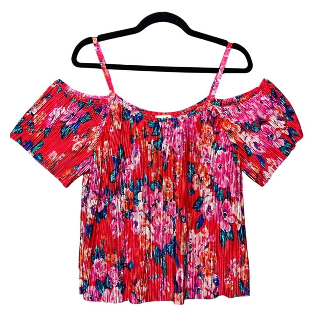 H.I.P. Floral Cold Shoulder Top Pleated Accordion Red Pink Summer‎ Blouse Size M